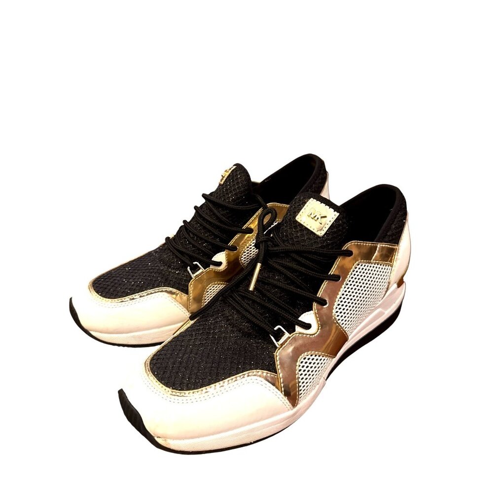 Michael Kors Liv Glitter Mesh Trainers Sneakers Black Gold White Women's 11M